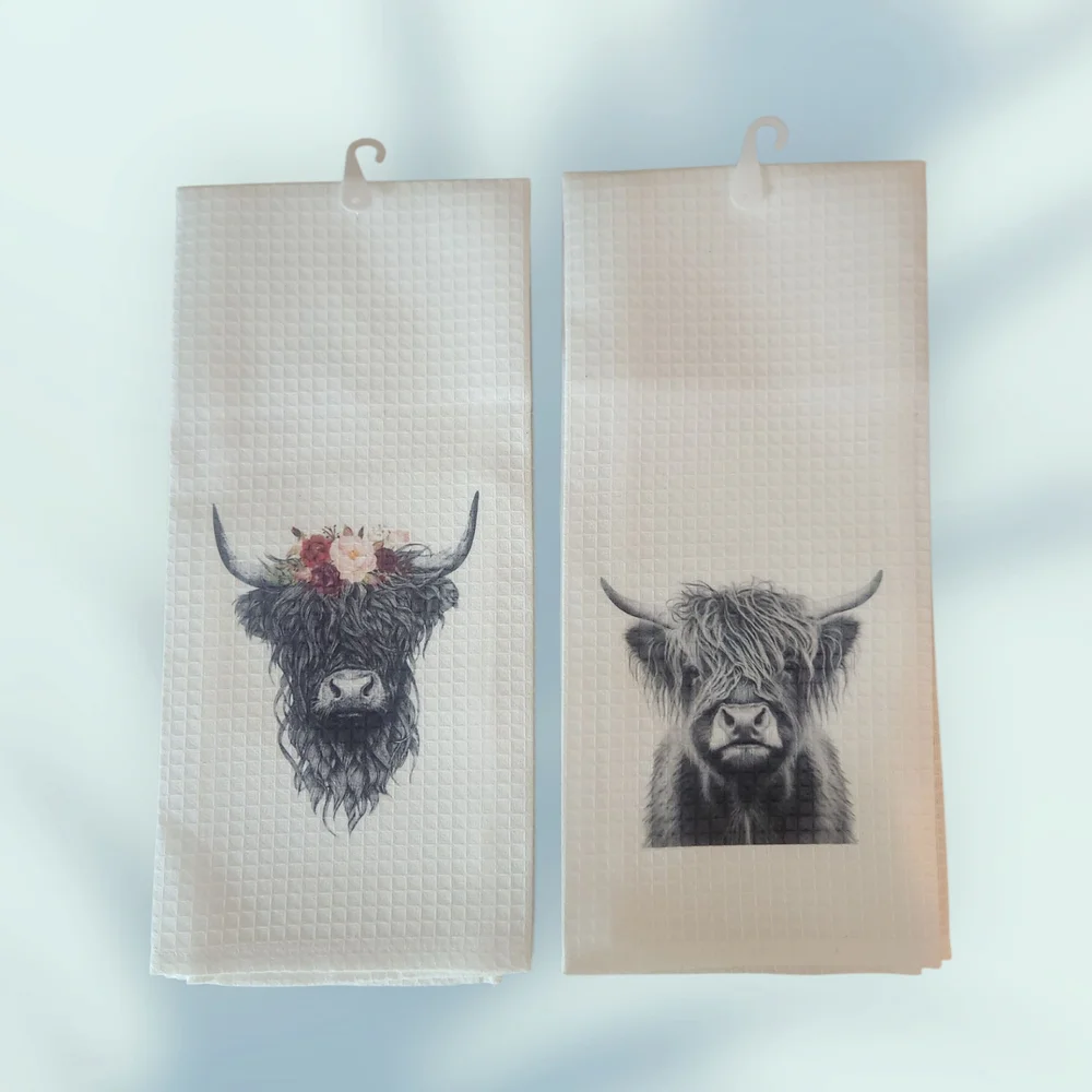 Highland Cow Kitchen Towels - Set of 2. Hand Crafted